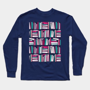 Colourful books // oxford navy blue bookshelf background teal white fuchsia carissma and pastel pink books Long Sleeve T-Shirt